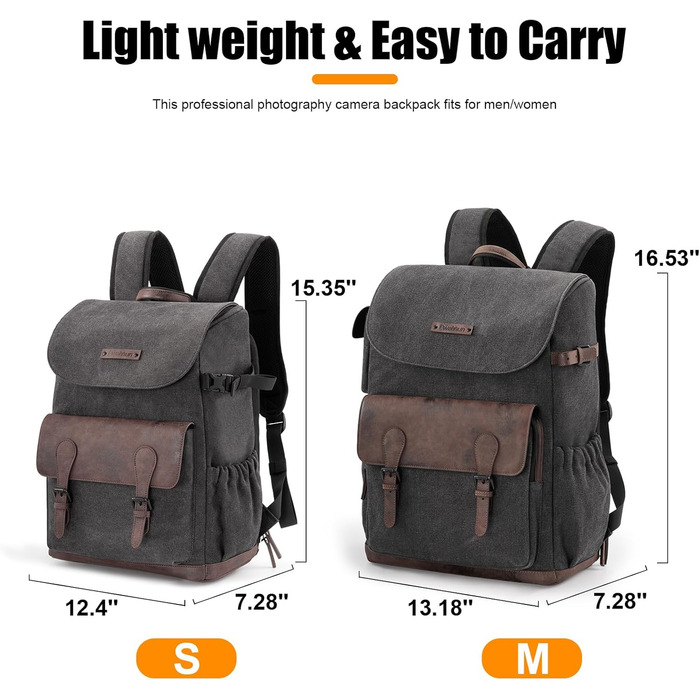 Водонепроникний рюкзак для камери Cwatcun з брезенту, професійний фоторюкзак, вінтажний стиль, сумісний з Sony, Canon, Nikon (S, чорний)