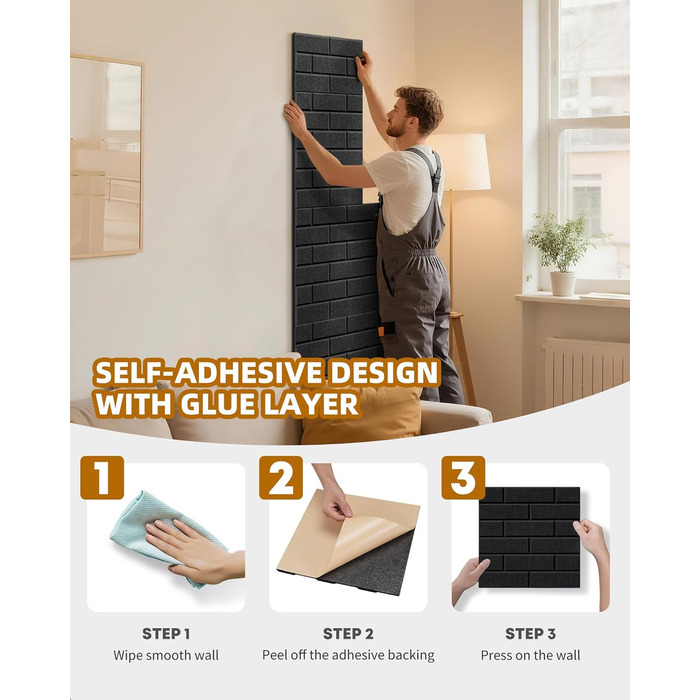 Акустичні панелі Jamelo 3D цегла, самоклеючі панелі для звукоізоляції та декору стін (30x30x0,9 см, чорні, 12 шт.) для студії, спальні та офісу