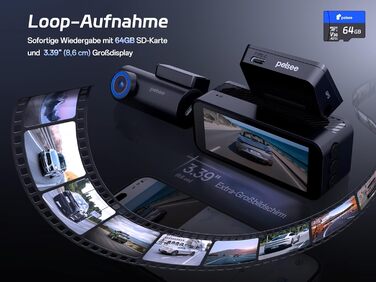 Автомобільний відеореєстратор Pelsee 4K Dashcam (передній та задній) з сенсором STARVIS 2, 3.39'' IPS дисплеєм, 24Гн паркуванням, 5.8GHz WiFi, HDR, WDR, ADAS, GPS та карткою пам'яті 64ГБ