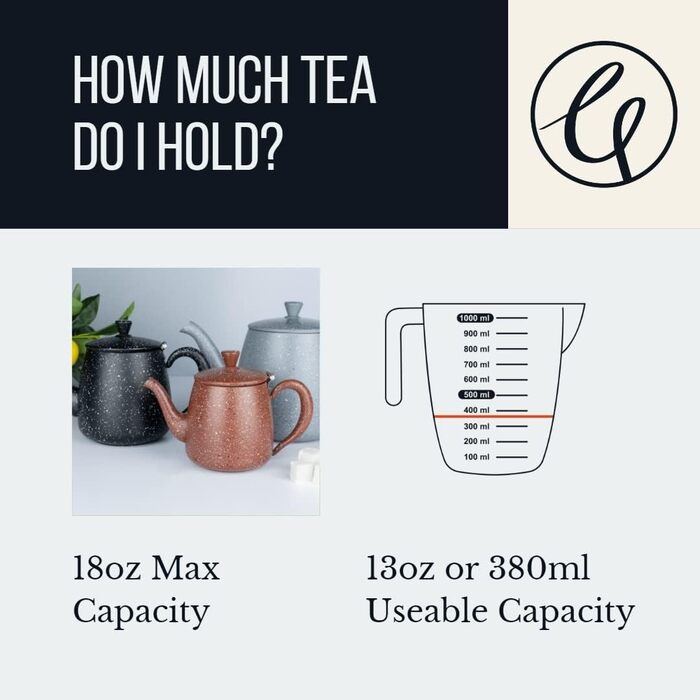 Café Olé PT-048 Cafe Ole Premium Teapot, 18/10 Stainless Steel, 48 Ounces, Drip-Free Pouring, Hollow Handles & Flip-Up Lid, (18oz, Grey Granite)