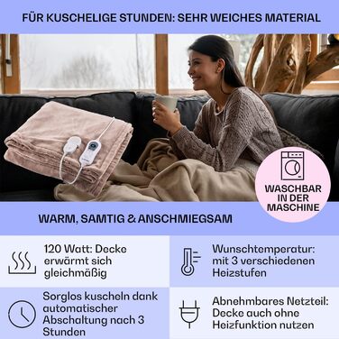 Електрична ковдра Klarstein XXL з підігрівом, 120W, 200x180 см, бежева. Автоматичне вимкнення, для ліжка, дивана та кемпінгу. Економна, пральна.