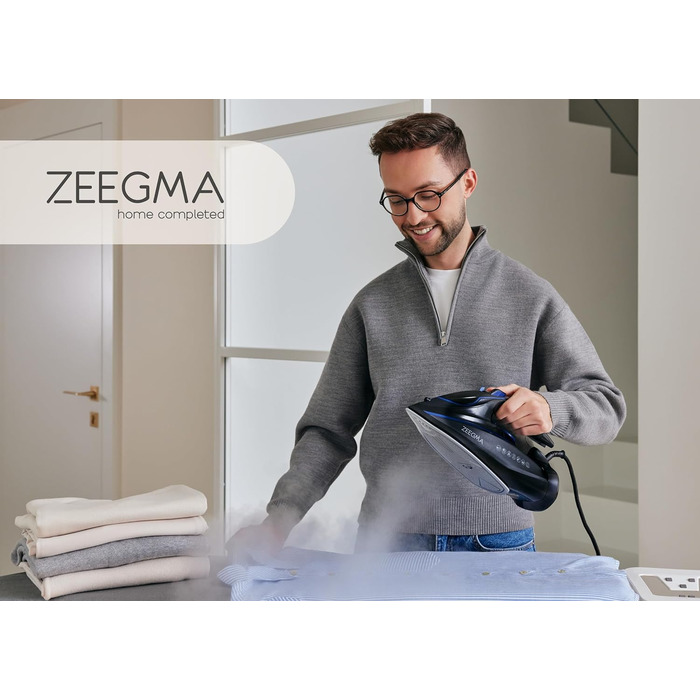 Пароочисник ZEEGMA IRONEE з керамічною підошвою 2600 Вт, для горизонтального та вертикального прасування, резервуар 320 мл, функція самоочищення, Anti-Drip та Anti-Calc (з кабелем, чорно-синій)