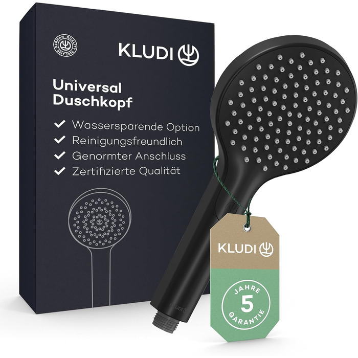 KLUDI-X3 Universal Shower Head with Hose, Shower Spray optional water-saving with 3 Spray Patterns (Body, Hair, Skin), easy-to-clean shower head Ø 11.7 cm, shower hose 1.60 m (1 spray pattern, Matte Black)