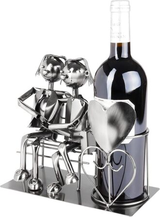 BRUBAKER Bottle Holder Men Loving Couple on Bench - Wine Bottle Holder Man + Man Silver - Bottle Stand Metal Figure Love - Metal Sculpture Gift for Married Couples with Gift Card