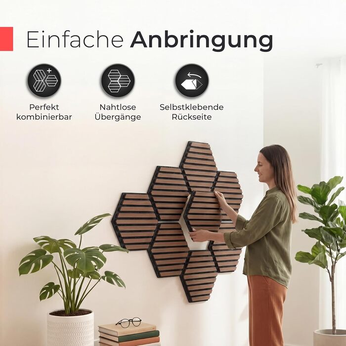 Акустичні панелі з натурального горіха самоклеючі, гексагон 30x26 см, набір 9 шт, чорний акустичний фетр, 3D панелі для шумоізоляції та оздоблення стін