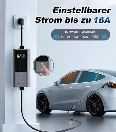 Кабель для зарядки електромобіля Type 2, 3.6 кВт / 5 м, 6A-16A, портативний зарядний пристрій для електрокар, сумісний з EU-Schuko (3.68 кВт)