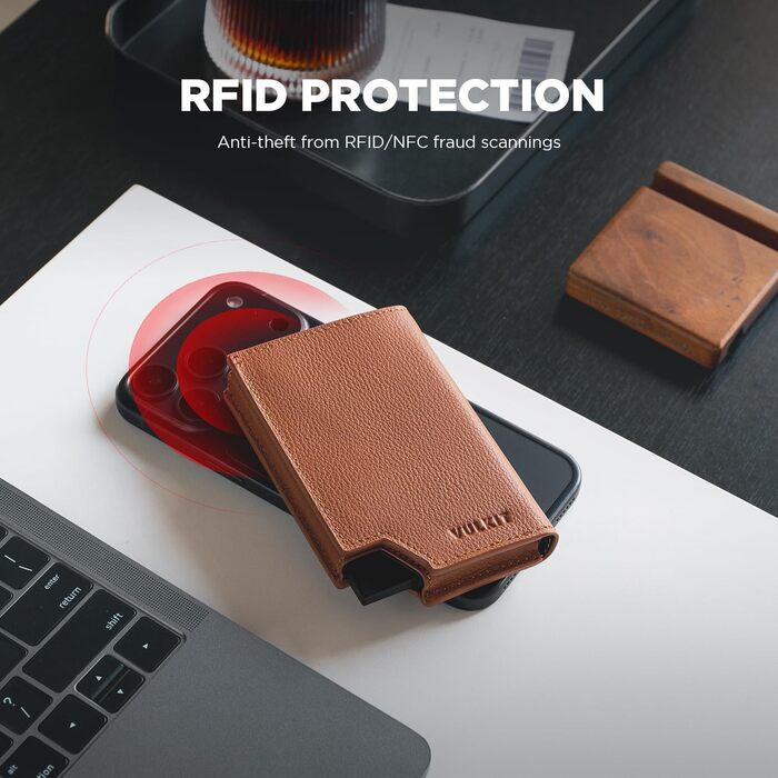 Гаманець-картхолдер VULKIT RFID захист шкіряний, коричневий (Кізелькові зерна) з відділенням для грошей та магнітним закриттям