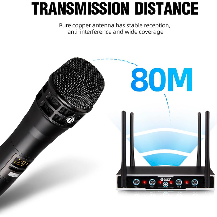 Debra 4-канальний UHF мікрофонний набір з 16 частотами | Дальність дії 80м, 4x Bodypack + Headset/Lavalier | Якість студійної звукозапису для співу, караоке та конференцій (2HD2LR2HT)