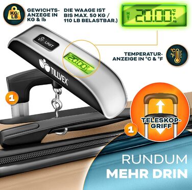 Набір валіз Tillvex® 4 шт. (S-M-L-XL) + ваги для багажу, 8 ременів та 4 бірки | Валізи на 4 колесах з TSA замком | Набір валіз з міцного пластику, колір шампань