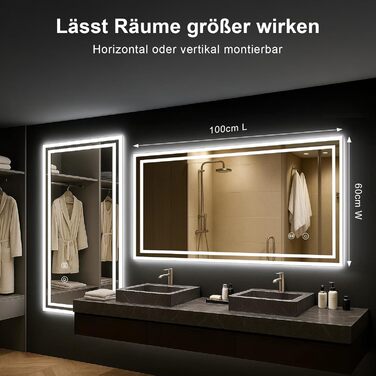 Дзеркало для ванної кімнати зі підсвічуванням 70x50 см, сенсорне керування, протизапітніння, 3 кольори світла, регулювання яскравості