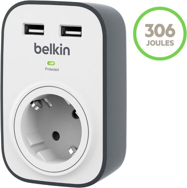 Мережевий фільтр Belkin з USB, 8 розеток + 2 USB, 2.4A, 2м, для дому та офісу