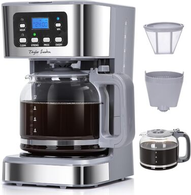 Кавомашина Taylor Swoden Darcy 950W з таймером, 1.5L, 12 чашок, автоматичне відключення, система захисту від протікання, багаторазовий фільтр, BPA-free, сірий (2 шт.)