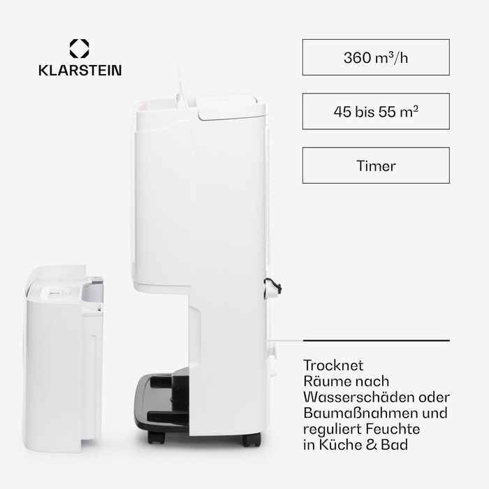 Електричний осушувач повітря Klarstein DryFy Connect 50L: 50 л/24 год, WiFi, Alexa, 7 л бак, таймер, для приміщень 45-55 м²