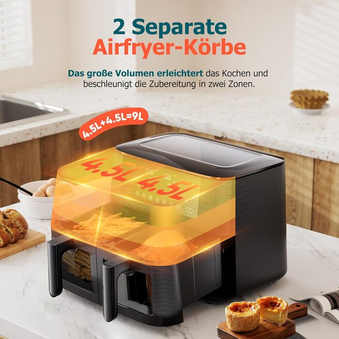 Дво-зонна аерофритюрниця з оглядовим вікном, 9 л XL, подвійний Airfryer, 2 кошики, 9-в-1, сенсорний екран, розумний таймер, для здорового приготування без олії
