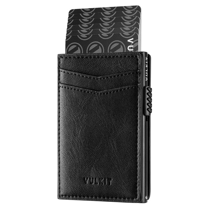 Кредитне портмоне VULKIT з RFID блокуванням, шкіряне, автоматична висувна картка, для візиток та нотаток (Чорний)