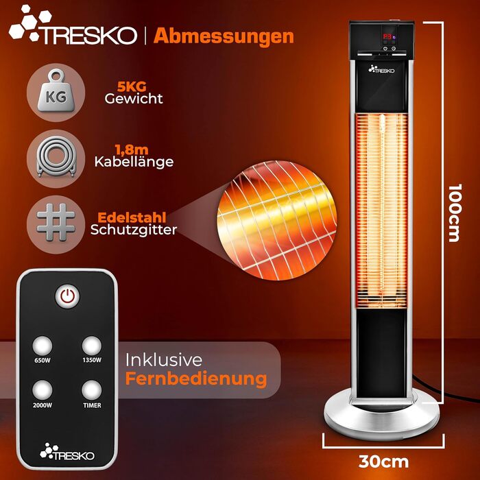 Інфрачервовий обігрівач TRESKO 2000W з пультом керування | Тепловий випромінювач для тераси, електричний, 3 режими | Обігрівач для тераси, внутрішній та зовнішній | Інфрачервовий обігрівач з LED-дисплеєм (срібний)