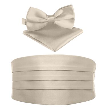 Комплект підтяжки та краватка-метелик + нагрудна хустка для смокінга (шампань-металік)