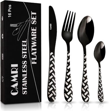 CAMRI Набір столових приборів – 16 предметів з нержавіючої сталі. Набір столових приборів, ножі, виделки, ложки. Комплект на 4 особи, придатний для миття в посудомийній машині. Кріз-чорний візерунок.