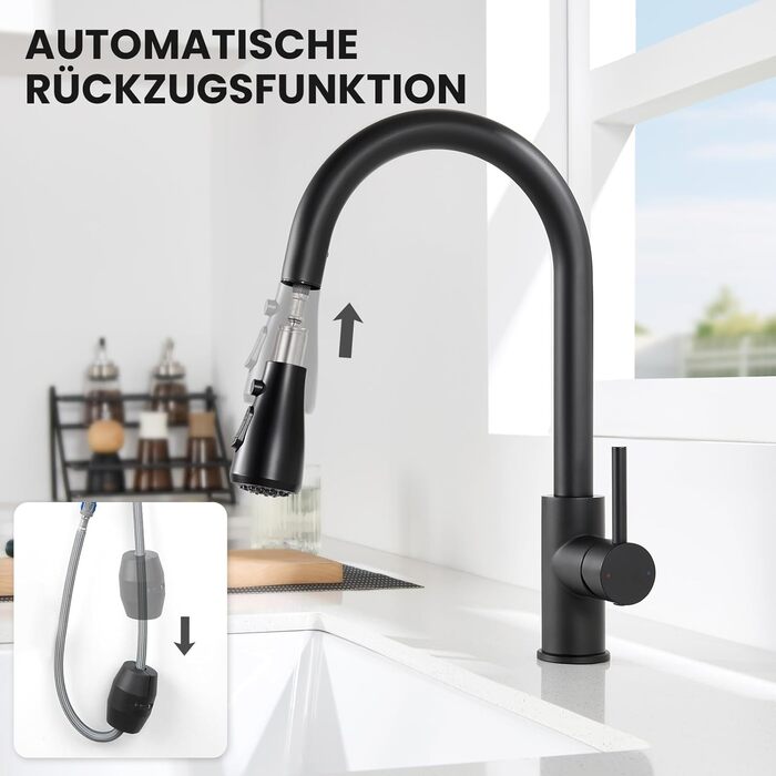 Кран кухонний CECIPA з 3 режимами, висувний, поворотний 360°, з високим виливом, з нержавіючої сталі, чорний