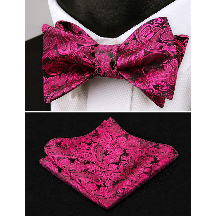 Комплект краватка-метелик та нагрудна хустинка Alizeal Paisley (Чорний + Фуксія)