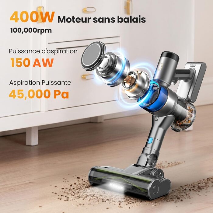 Акумуляторний пилосос Dzaki 45KPa бездротовий без мішка з дисплеєм, антизаплутана щітка, час роботи 55 хв, знімний акумулятор, для твердих поверхонь, шерсті тварин, килимів, авто (Золотистий сірий)