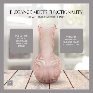 Elle Decor Ribbed Glass Carafe | Water Pitcher for Iced Tea, Wine Decanter, Mixed Drinks, and Beverages | Glass Carafe for Mimosa Bar | 1.1L Sangria Pitchers for Parties | 12 cm D x 24 cm H (Pink)