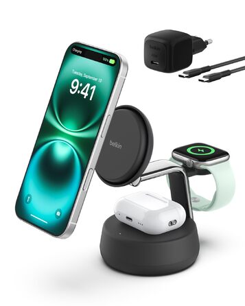 Belkin UltraCharge Pro Qi2.2 Бездротова зарядка 3-в-1 25W MagSafe сумісна для iPhone, Apple Watch, AirPods, Pixel – Чорна