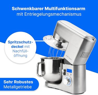Кухонна машина ProfiCook PC-KM 1096 з чашею з нержавіючої сталі 10 літрів, потужний двигун 1500 Вт, міксер, гак для тіста та вінчик, захист від бризок з отвором для засипання інгредієнтів