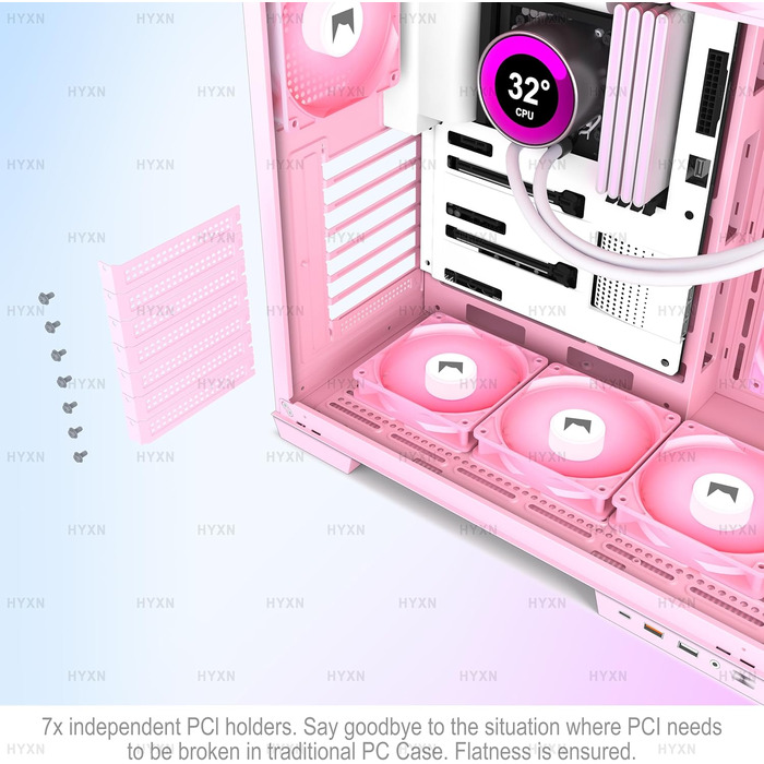 Корпус ПК ATX HYXN з 7 вентиляторами PWM ARGB, Mid Tower, Dual Chamber, Type-C, підтримка 3x360 мм кулерів (білий, рожевий)