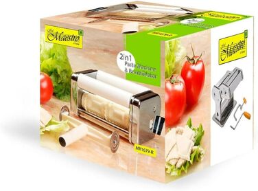 Maestro MR-1679R Pasta Machine, Manual Fresh Pasta Maker, Noodle Cutter, Stainless Steel, 8 Thickness Settings, Ravioli Attachment, Easy to Use for Home, Lasagna, Spaghetti, Noodles