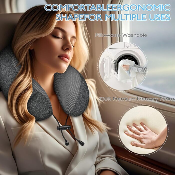 Подушка для шиї у літак - подушка для подорожей 100% Memory Foam - портативна подушка для літака - з 3D-маскою для сну та берушами - ідеальна для літака, авто, дому, офісу, подушка для сну (Сіра)