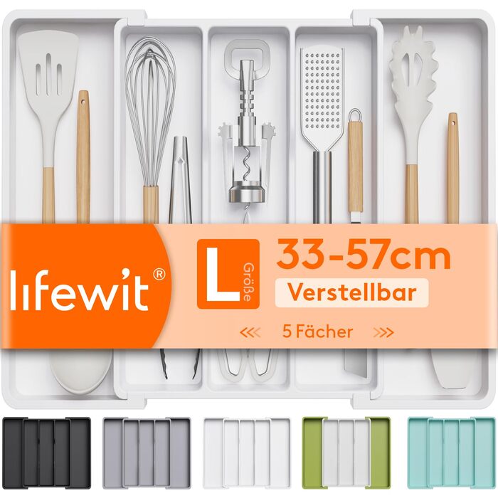 Органайзер для столових приборів Lifewit розсувний для шухляди, 33-57 x 38 x 5 см, білий. Підставка для ножів та виделок, пластик.