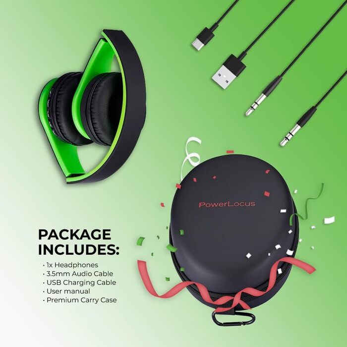 PowerLocus Bluetooth навушники Over-Ear, бездротові, Hi-Fi Stereo, складні, з мікрофоном, з м'якими амбушюрами, Micro SD/TF, FM радіо для iPhone/Android/Tablet/Laptop (Чорний/Зелений)