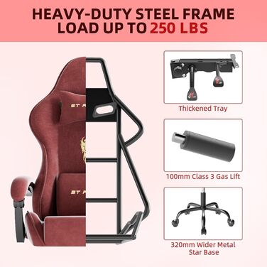Геймерське крісло Ferghana Ergonomisch LW210: Червоне, з регульованою подушкою для голови та попереку, підлокітниками та підставкою для ніг