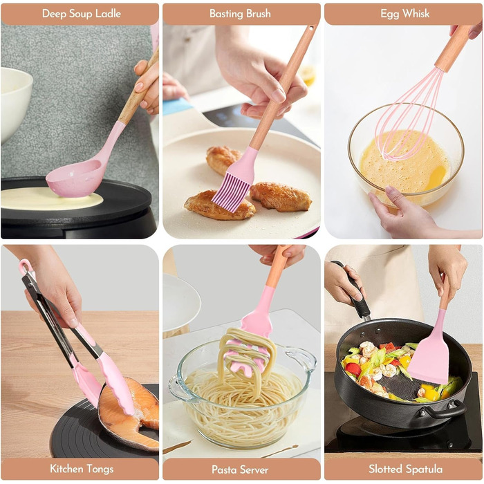 Набір кухонних аксесуарів Howephofly: 23 штуки з силікону, антипригарні, з дерев'яними ручками, включає гачки, рожевий колір