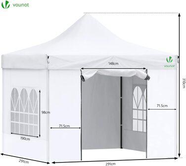VOUNOT Gazebo 3x3m Waterproof, Stable, Winter-Proof, Pop-Up Folding Gazebo with 4 Side Walls and 4 Sandbags, Party Gazebo, Folding Garden Tent, Party Tent, White