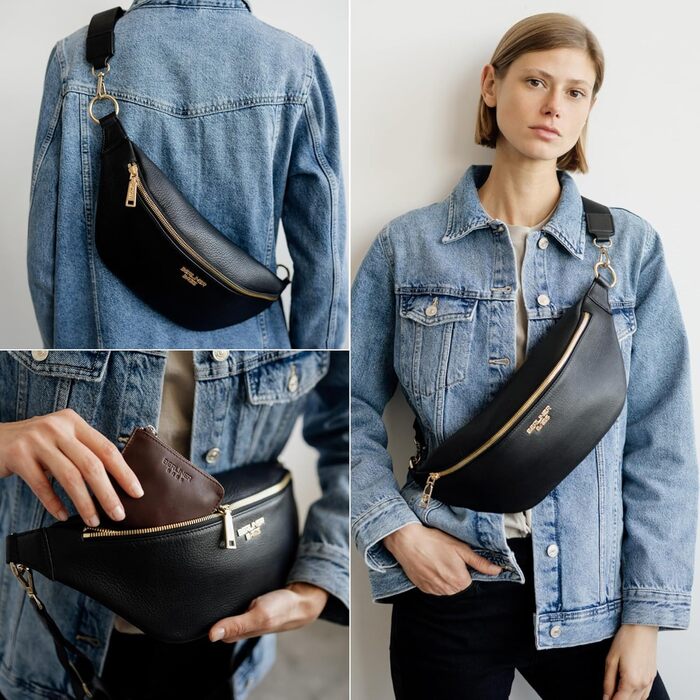 Чоловіча/жіноча поясна сумка Berliner Bags Preiu, шкіряна кросбоді сумка, XL (Чорний / Золотий)