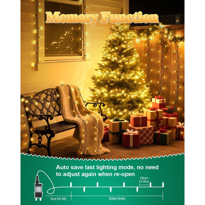 Гірлянда на Хелловін для вулиці, 300 LED, з функцією пам'яті та таймером, 8 режимів освітлення, вологостійка, 50 метрів, тепле світло