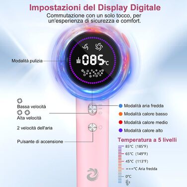Фен для волосся з плазмою та безщітковим мотором 110 000 об/хв, швидке сушіння, тихий, з магнітною насадкою, для дому та подорожей (Темний, Рожевий)