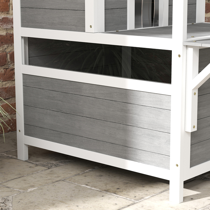 PawHut Cat Cave, Pine Wood Cat House, Cat House with Balcony, Entrances, for Cats up to 5 kg, Outdoor, 64 x 87 x 76 cm, Light Gray | Aosom