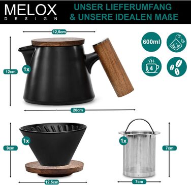 MELOX 2-в-1 чайник і кавоварка з ситечком, порцеляновий, 600 мл, для чаю та фільтр-кави, з кришкою