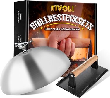 Набір для бургерів TIVOLI: кришка-бургер прес з нержавіючої сталі 23 см, антипригарний прес для м'яса 20,5 см, набір для гриля та теппаньякі