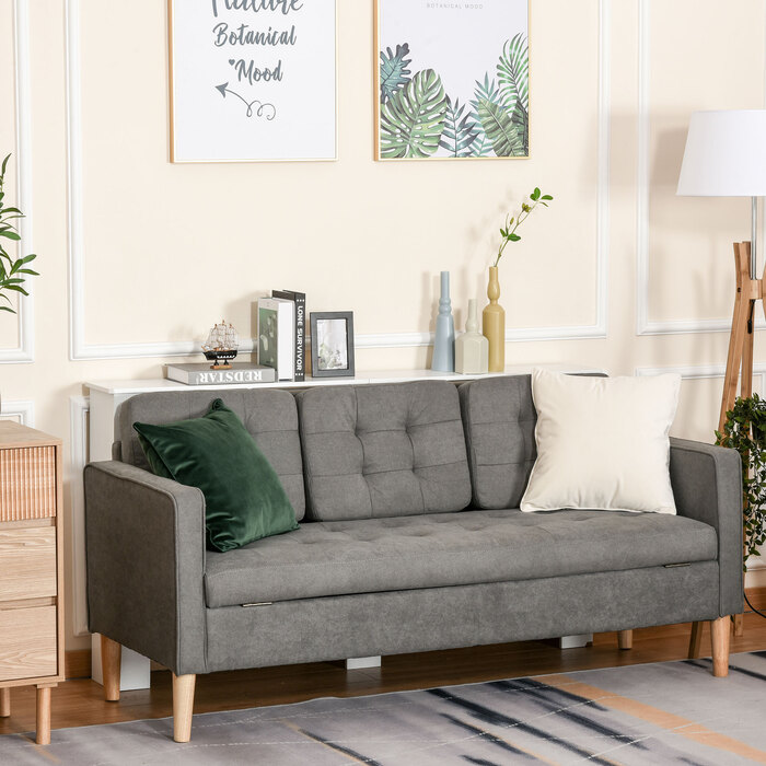HOMCOM 3-Seater Sofa Fabric Sofa Loveseat Gray with Removable Cushions Made of Cotton and Rubberwood 166.5 x 62 x 82 cm