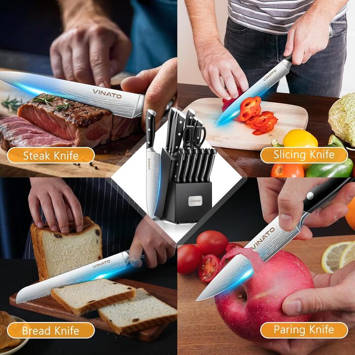 VINATO 14-Piece Knife Block Set with Sharpener - Damascus Pattern Kitchen Knife Set - Professional Chef's Knife Set, Black