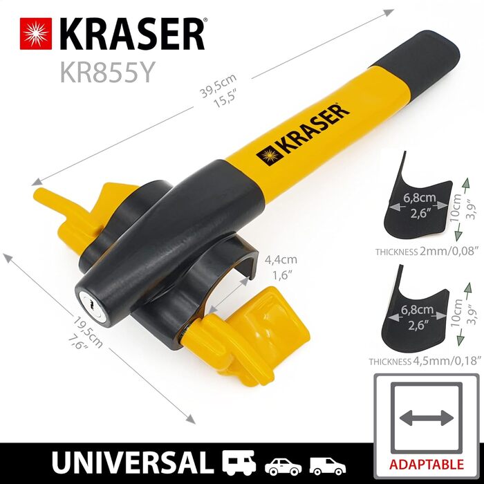 Протиугінний замок на кермо KRASER KR855Y, висока безпека, універсальна блокіратор керма для авто, автодімів та легкових автомобілів