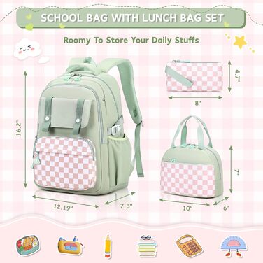 Рюкзак для дівчаток: ідеальний шкільний рюкзак для молодших та старших класів, рюкзак-сумка Kawaii, велика місткість (Зелений, 3-кільний комплект)