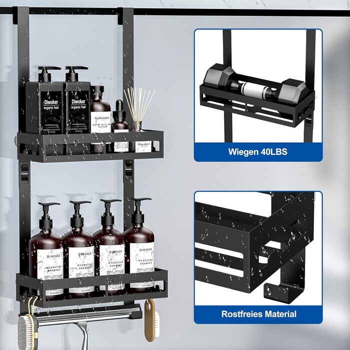 Настінна поличка для душу без свердління, органайзер для ванної кімнати з 2 кошиками, тримач для шампуню, чорний, 2 яруси
