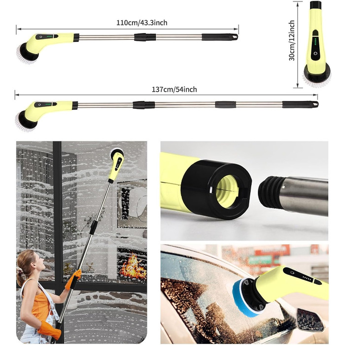 Electric Cleaning Brush, FARI Shower Cleaning Brush with 8 Interchangeable Drill Brush Heads, Cordless Scrubber with Adjustable Handle, Bathroom and Shower Cleaner (Yellow)