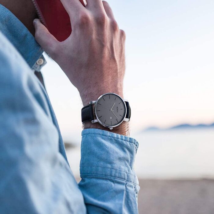 Годинник чоловічий BUREI Ultra Slim аналоговий з датою, кварцовий механізм Japan, шкіряний ремінець, чорний та сріблястий, подарунок для чоловіків