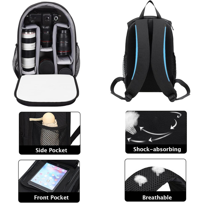 Рюкзак для камери: чорний фоторюкзак для DSLR/SLR з об'єктивом та аксесуарами